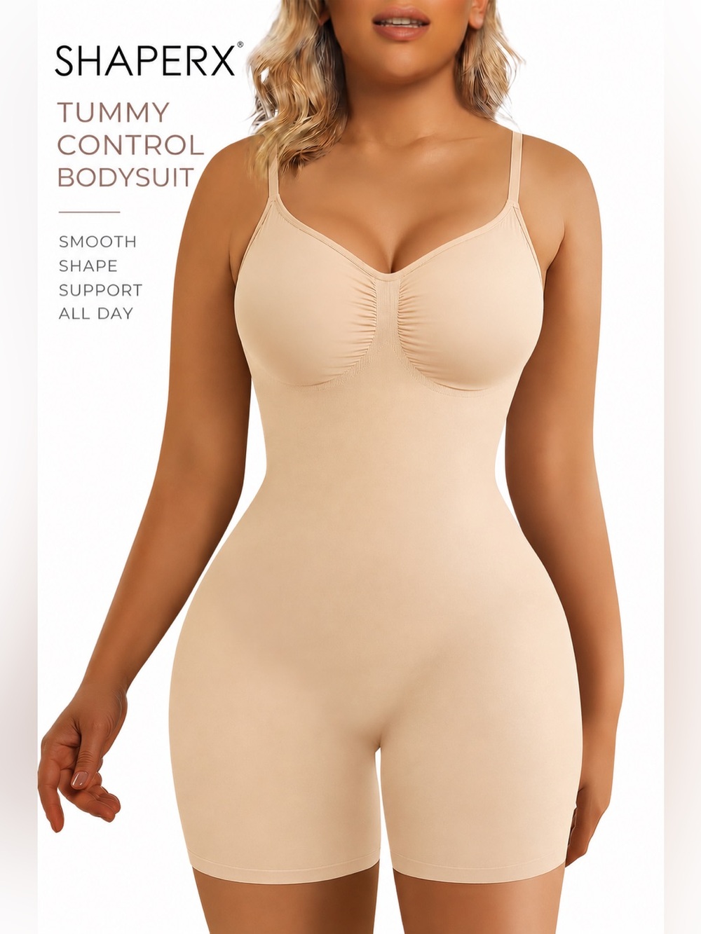 SHAPERX Tummy Control Shapewear Bodysuit Mid Thigh Shorts Beige L/XL NWT